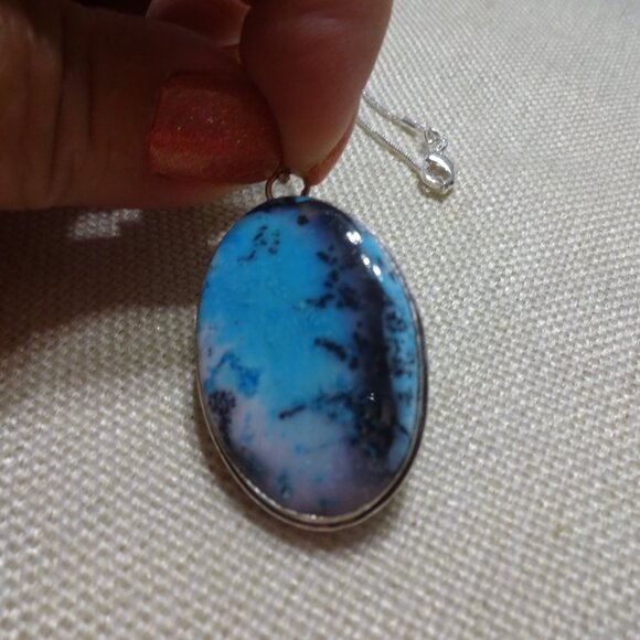 Gorgeous BLUE DENDRITE OPAL Handmade Sterling 925 Pendant/Chain #364C - Picture 2 of 5
